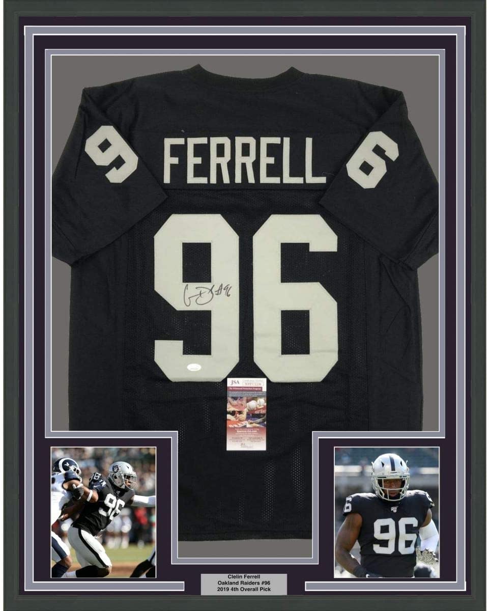 Framed Autographed/Signed Clelin Ferrell 35x39 Oakland Black Football Jersey JSA COA