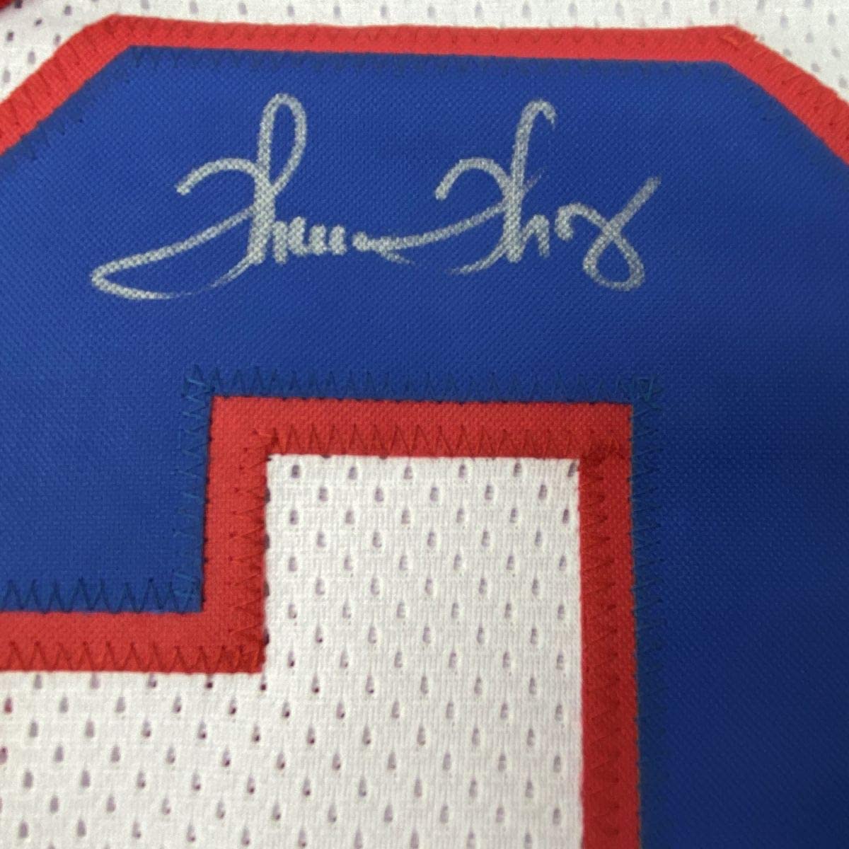 Autographed/Signed Thurman Thomas Buffalo White Stat Football Jersey JSA COA