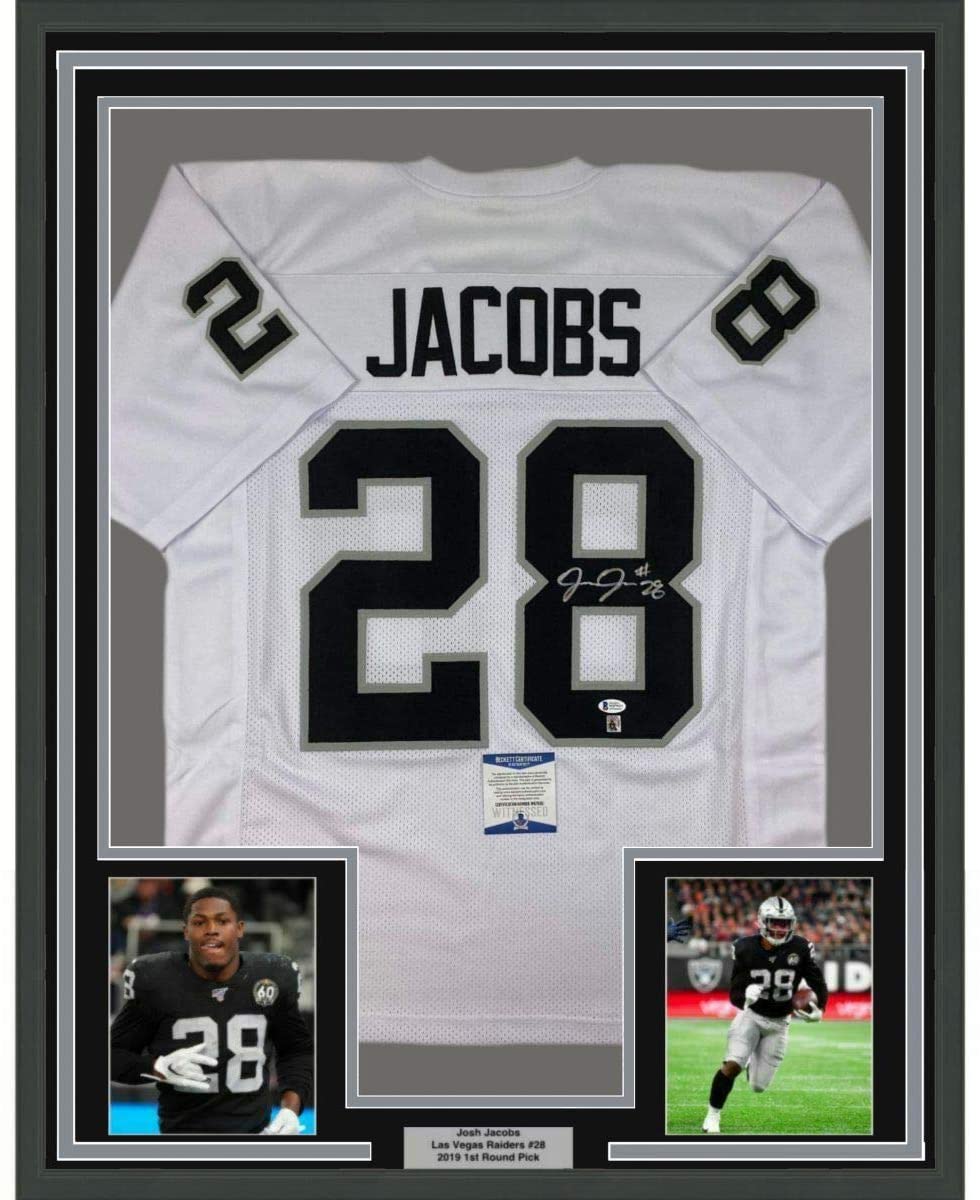 Framed Autographed/Signed Josh Jacobs 35x39 Las Vegas Oakland White Football Jersey Beckett BAS COA