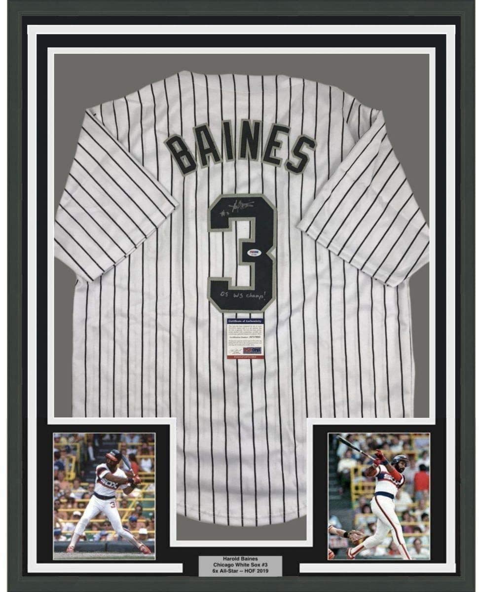 Framed Autographed/Signed Harold Baines 05 WS Champs 35x39 Chicago Pinstripe Baseball Jersey PSA/DNA COA