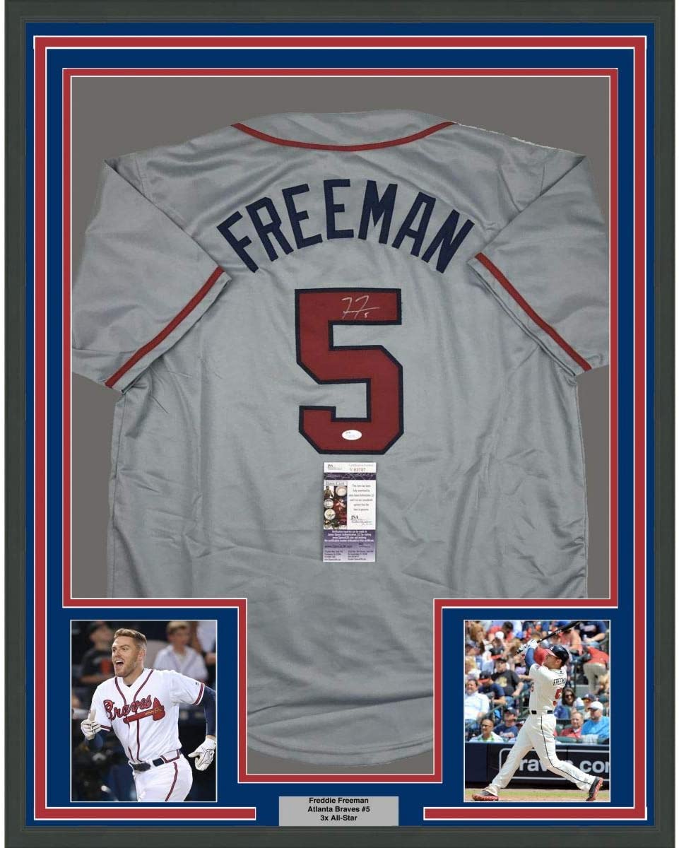 Framed Autographed/Signed Freddie Freeman 35x39 Atlanta Grey Baseball Jersey JSA COA