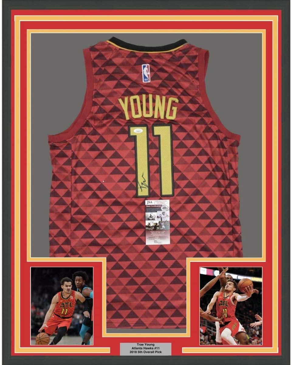 Framed Autographed/Signed Trae Young 35x39 Atlanta Red Basketball Jersey JSA COA