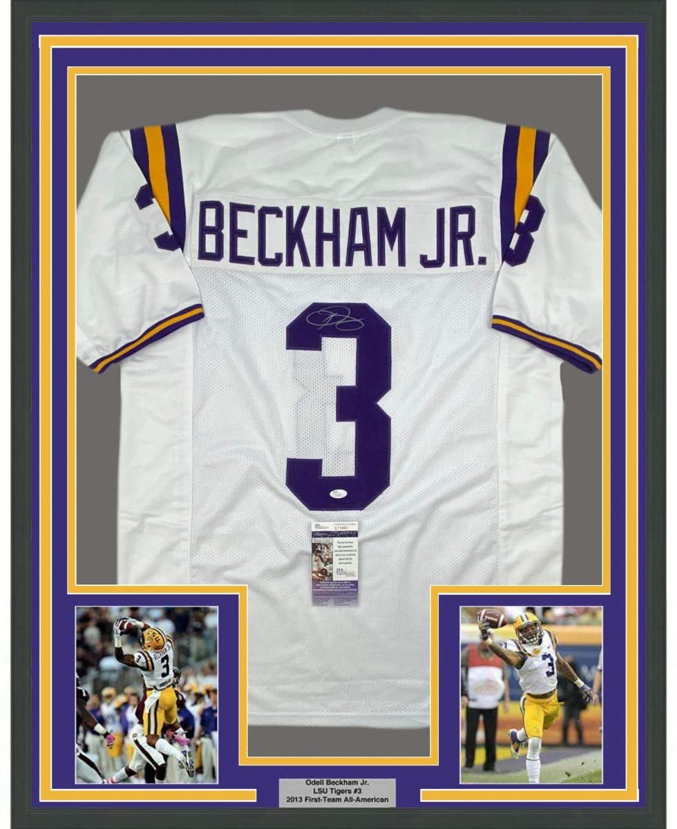 Framed Autographed/Signed Odell Beckham Jr. 35x39 LSU White College Football Jersey JSA COA