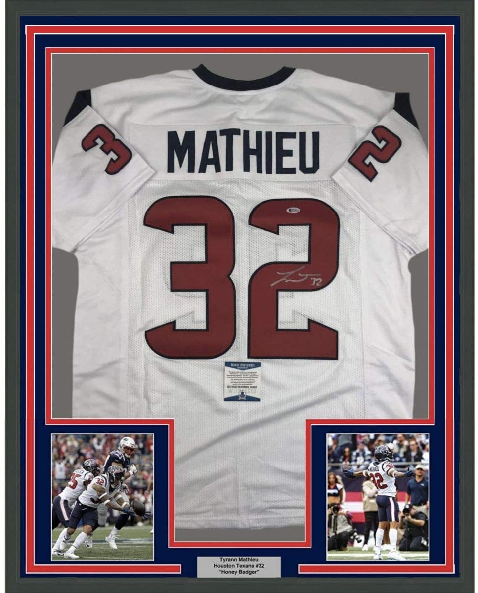 Framed Autographed/Signed Tyrann Mathieu 35x39 Houston White Football Jersey Beckett BAS COA