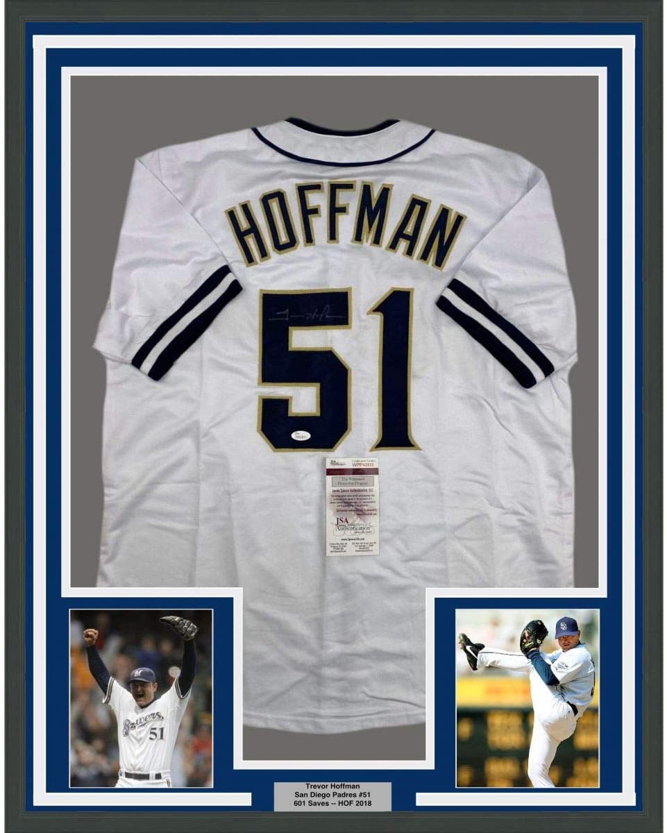 Framed Autographed/Signed Trevor Hoffman 35x39 San Diego White Baseball Jersey JSA COA