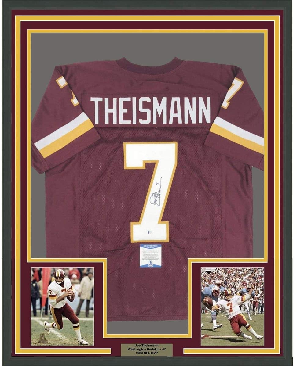 Framed Autographed/Signed Joe Theismann 35x39 Washington Burgundy Football Jersey Beckett BAS COA