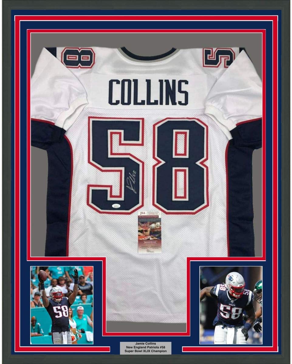 Framed Autographed/Signed Jamie Collins 35x39 New England White Football Jersey JSA COA