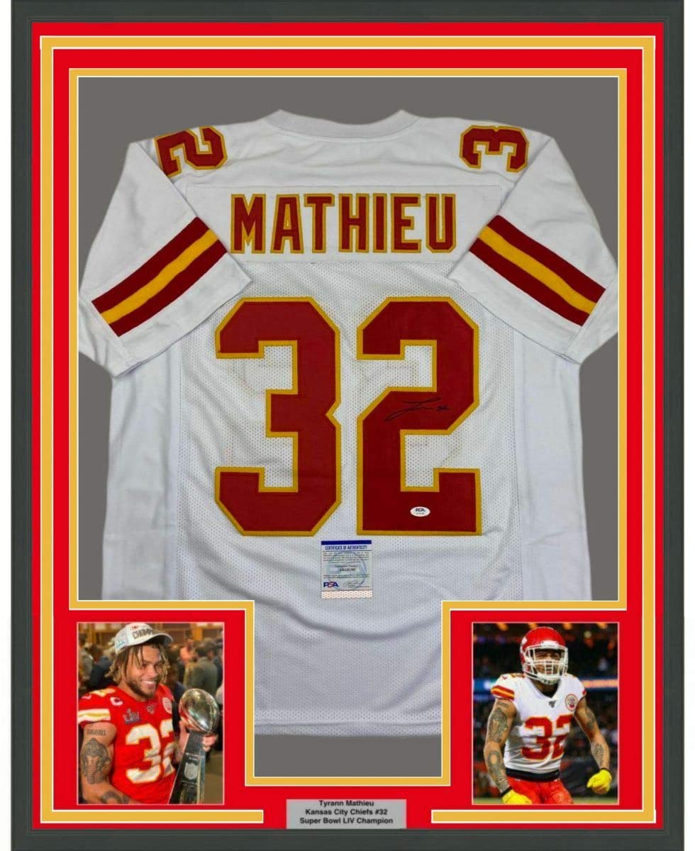Framed Autographed/Signed Tyrann Mathieu 35x39 Kansas City White Football Jersey PSA/DNA COA