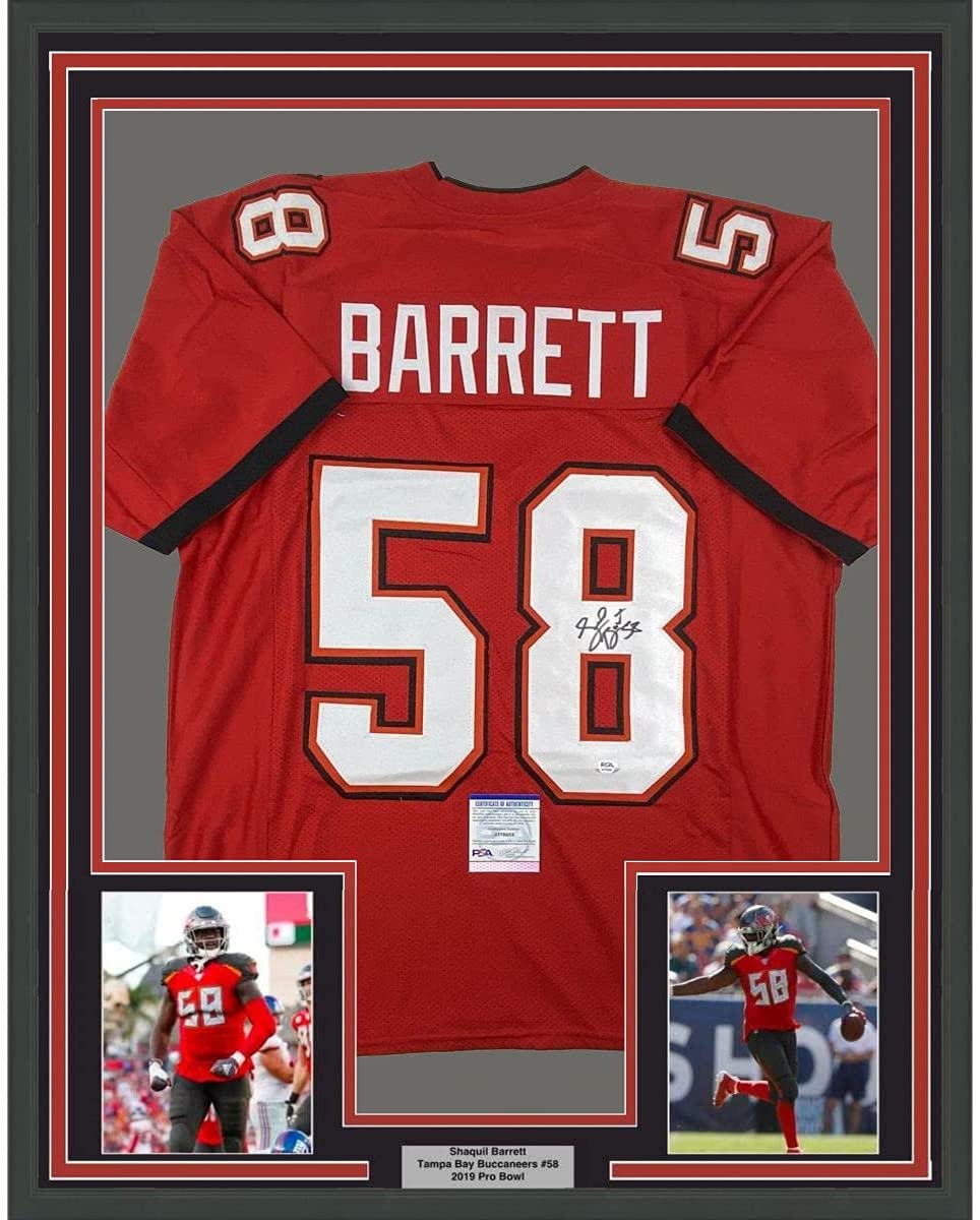 Framed Autographed/Signed Shaquil Shaq Barrett 35x39 Tampa Bay Red Football Jersey PSA/DNA COA