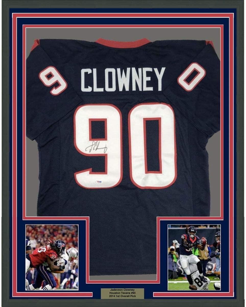 Framed Autographed/Signed Jadaveon Clowney 35x39 Houston Blue Football Jersey PSA/DNA COA Holo Only