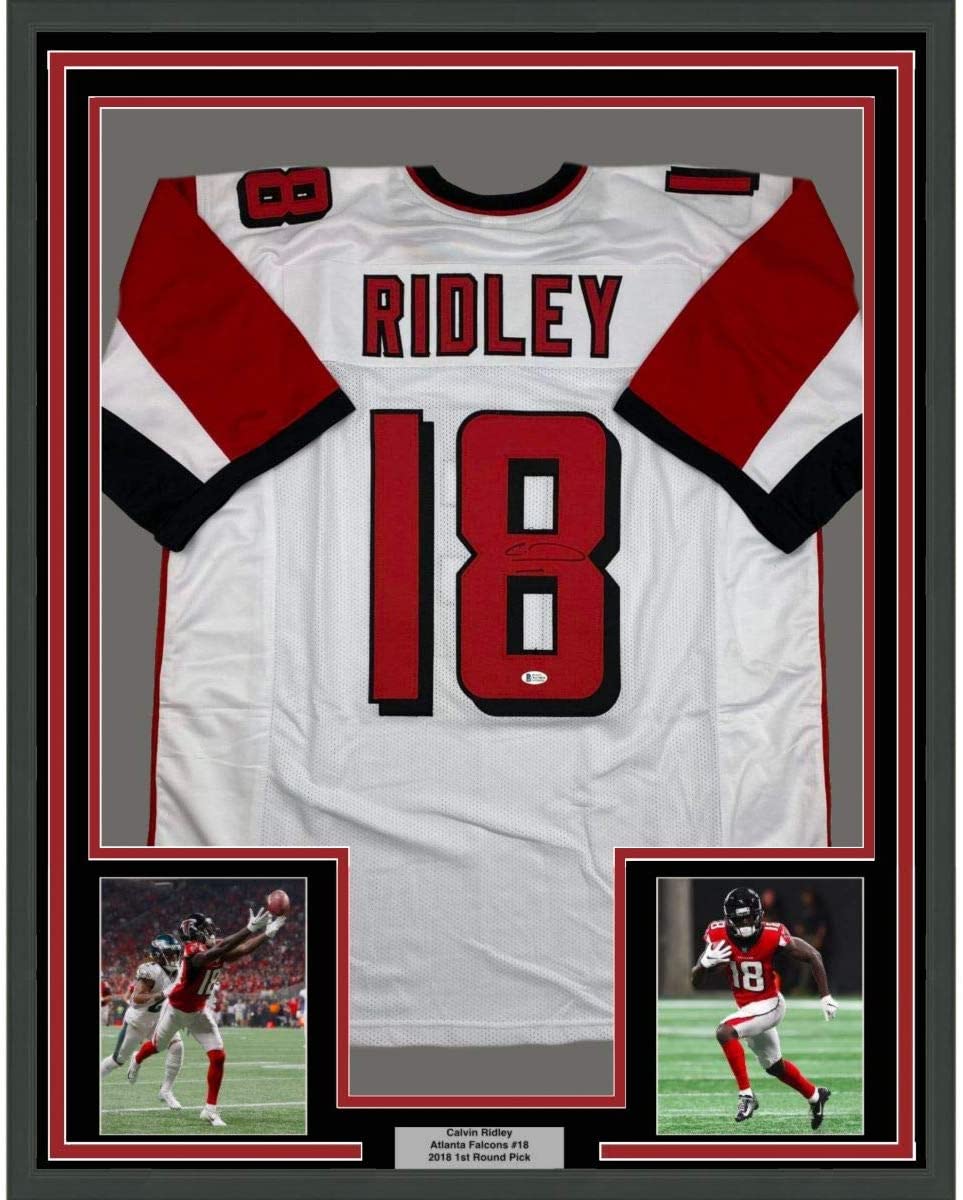 Framed Autographed/Signed Calvin Ridley 35x39 Atlanta White Football Jersey Beckett BAS COA
