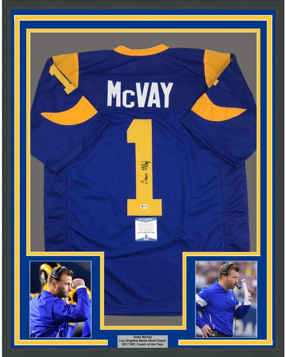 Framed Autographed/Signed Sean McVay 35x39 Los Angeles LA Retro Blue Football Jersey Beckett BAS COA