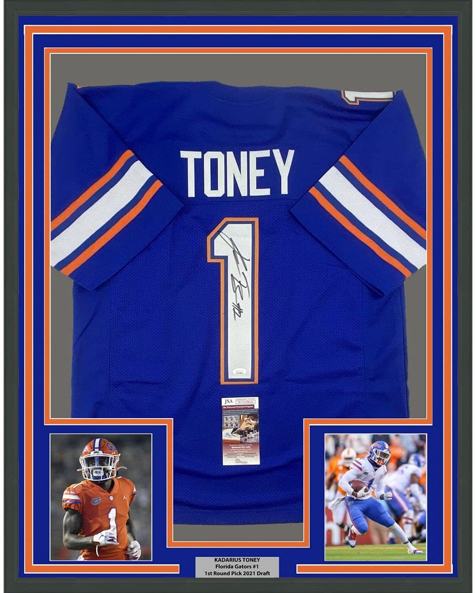 Framed Autographed/Signed Kadarius Toney 35x39 Florida Blue College Football Jersey JSA COA