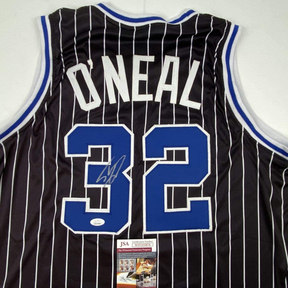 Autographed/Signed Shaquille Shaq O'Neal Orlando Black Pinstripe Basketball Jersey JSA COA