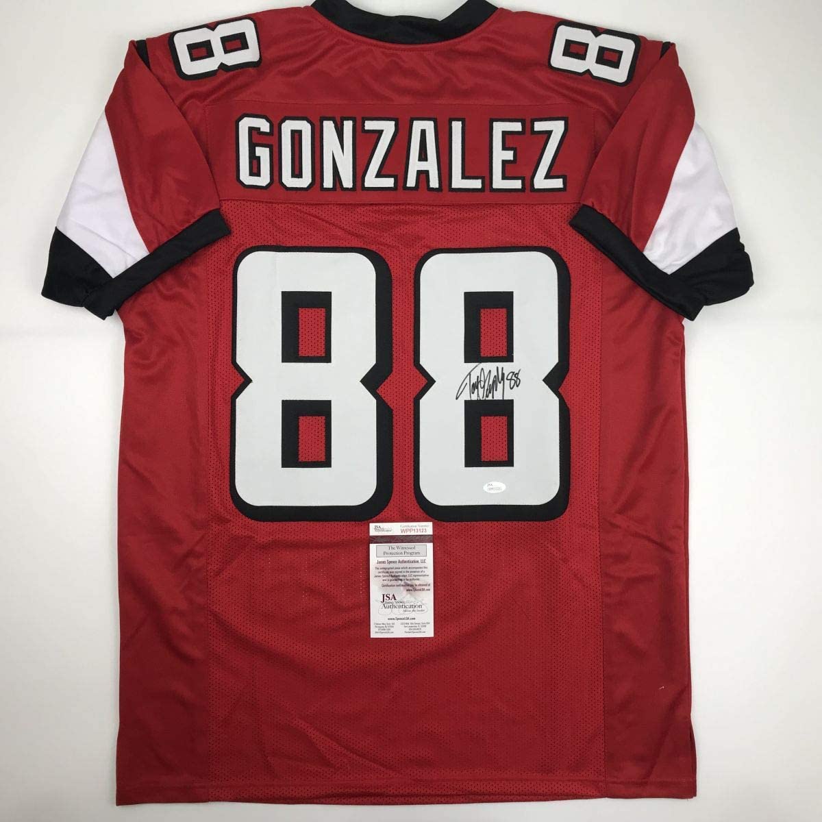 Autographed/Signed Tony Gonzalez Atlanta Red Football Jersey JSA COA