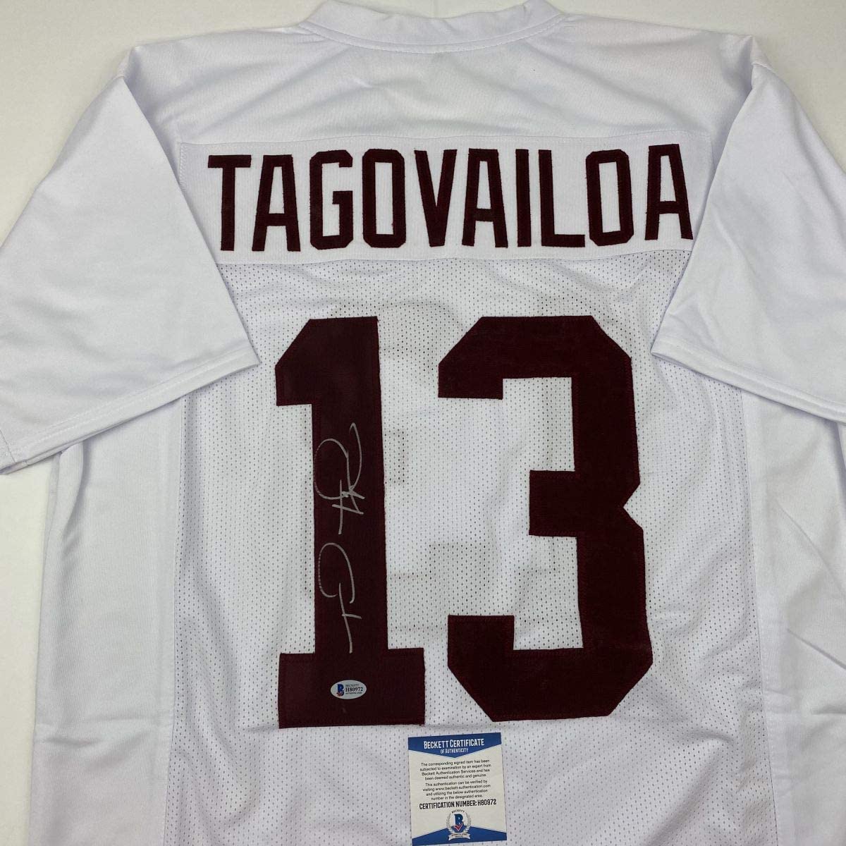 Autographed/Signed Tua Tagovailoa Alabama White College Football Jersey Beckett BAS COA