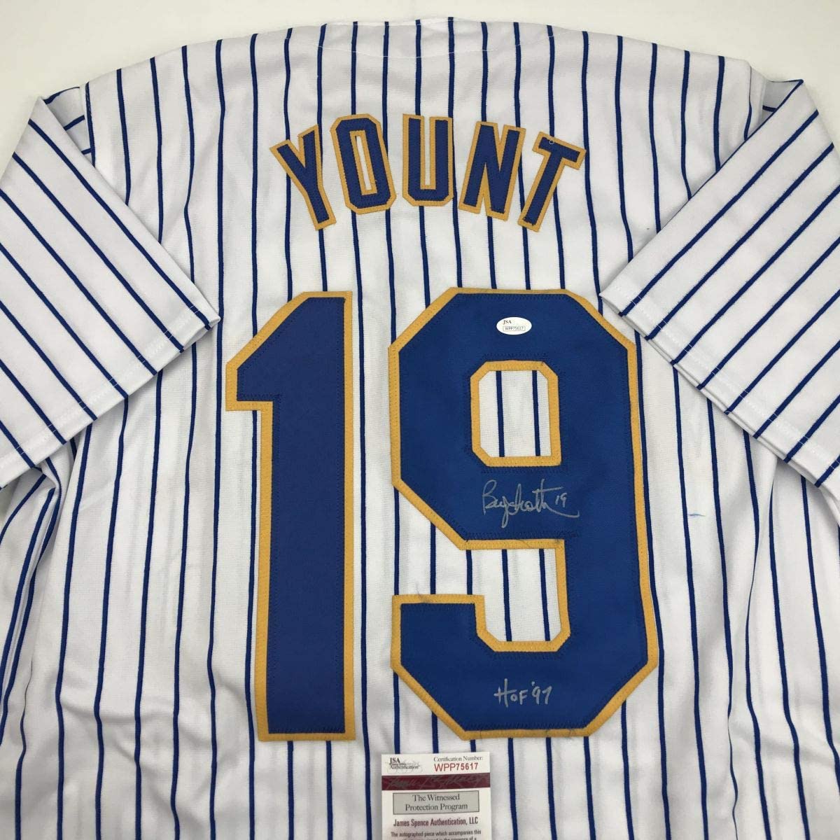 Autographed/Signed Robin Yount HOF 97 Milwaukee Pinstripe Baseball Jersey JSA COA