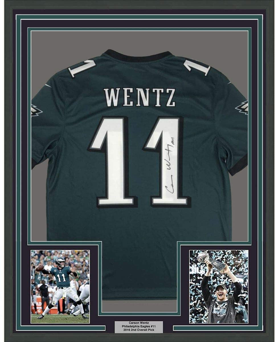 Framed Autographed/Signed Carson Wentz 35x39 Philadelphia Eagles Green Nike Dri Fit Football Jersey Fanatics COA