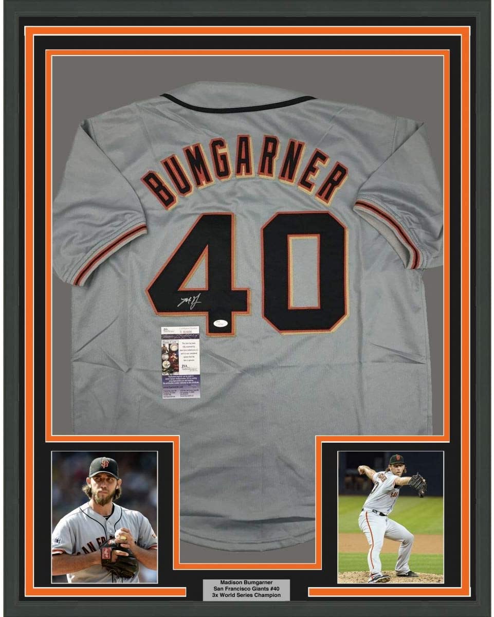 Framed Autographed/Signed Madison Bumgarner 35x39 San Francisco Grey Baseball Jersey JSA COA