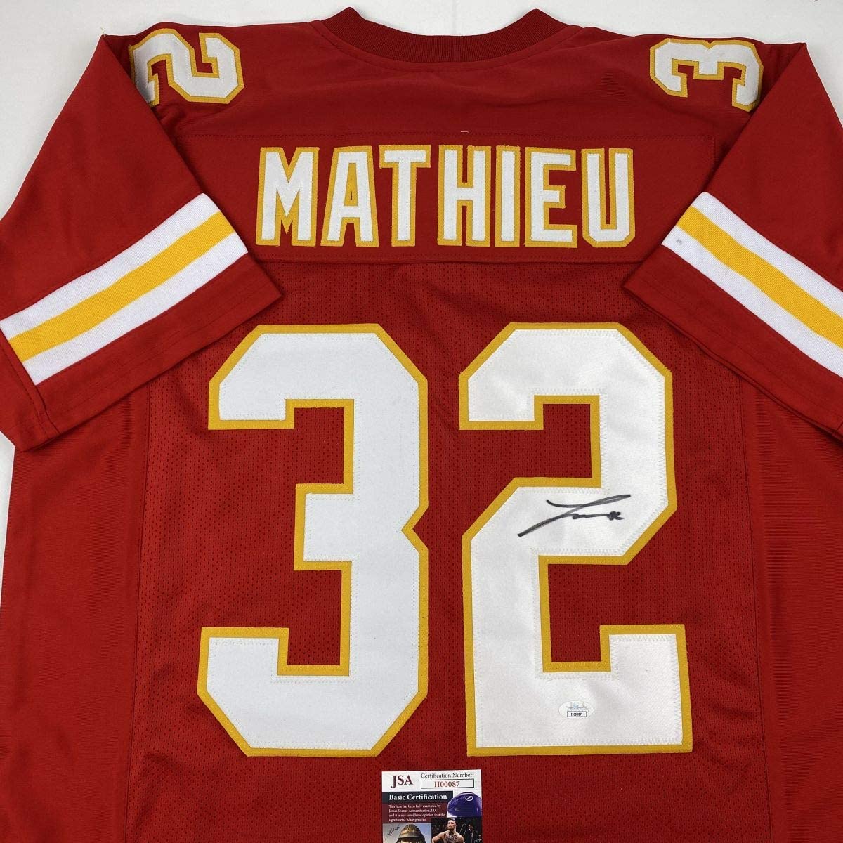 Autographed/Signed Tyrann Mathieu Kansas City Red Football Jersey JSA COA