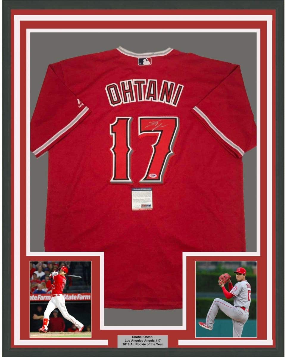 Framed Autographed/Signed Shohei Ohtani 35x39 Los Angeles LA Anaheim Red Baseball Jersey PSA/DNA COA