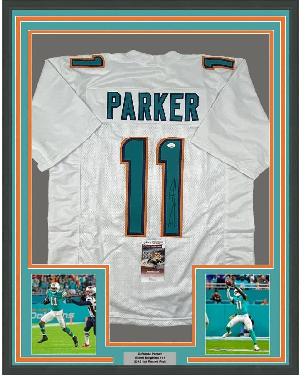 Framed Autographed/Signed Devante Parker 35x39 Miami White Football Jersey JSA COA