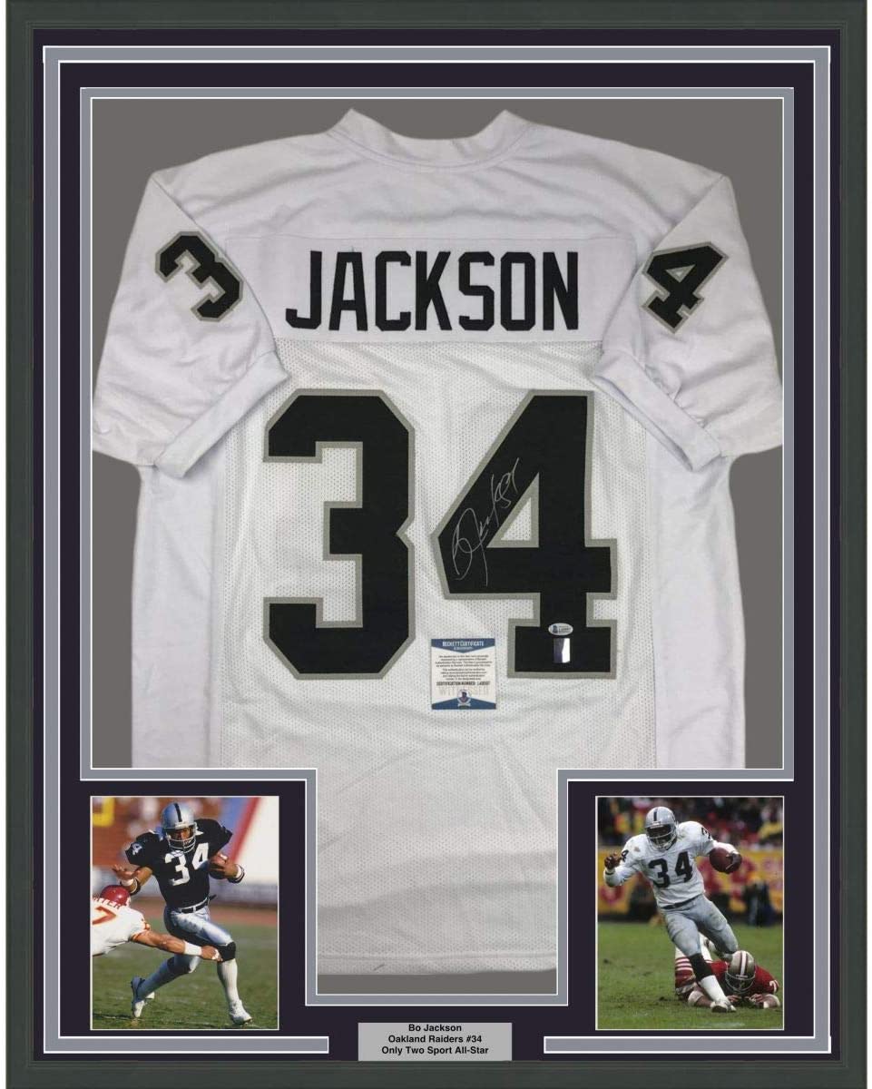 Framed Autographed/Signed Bo Jackson 35x39 Oakland White Football Jersey Beckett BAS COA