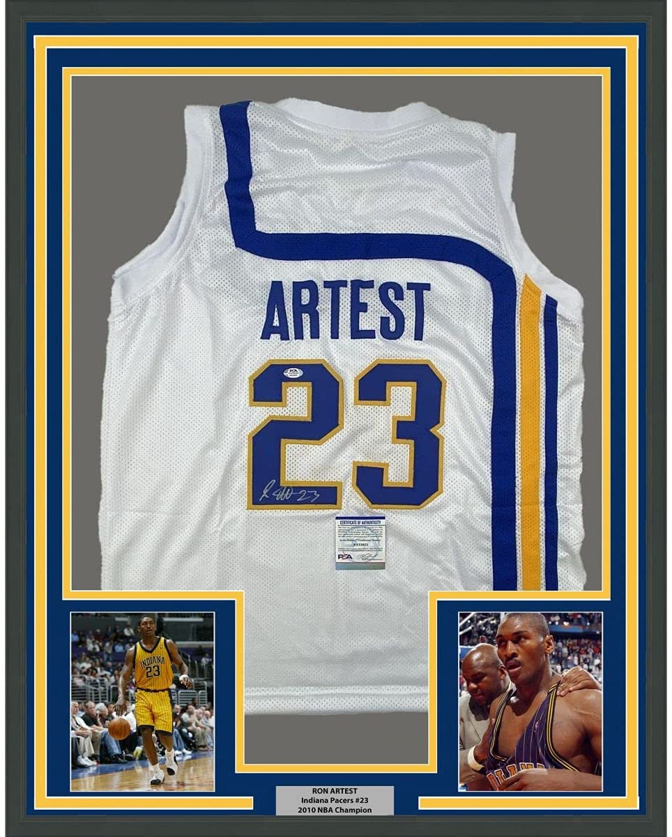 Framed Autographed/Signed Ron Artest Metta World Peace 35x39 Indiana White Basketball Jersey PSA/DNA COA
