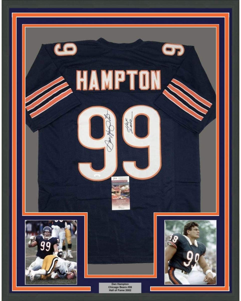 Framed Autographed/Signed Dan Hampton HOF 2002 35x39 Chicago Blue Football Jersey JSA COA
