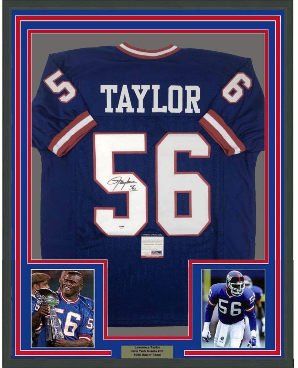 Framed Autographed/Signed Lawrence Taylor New York Blue Football Jersey PSA/DNA COA
