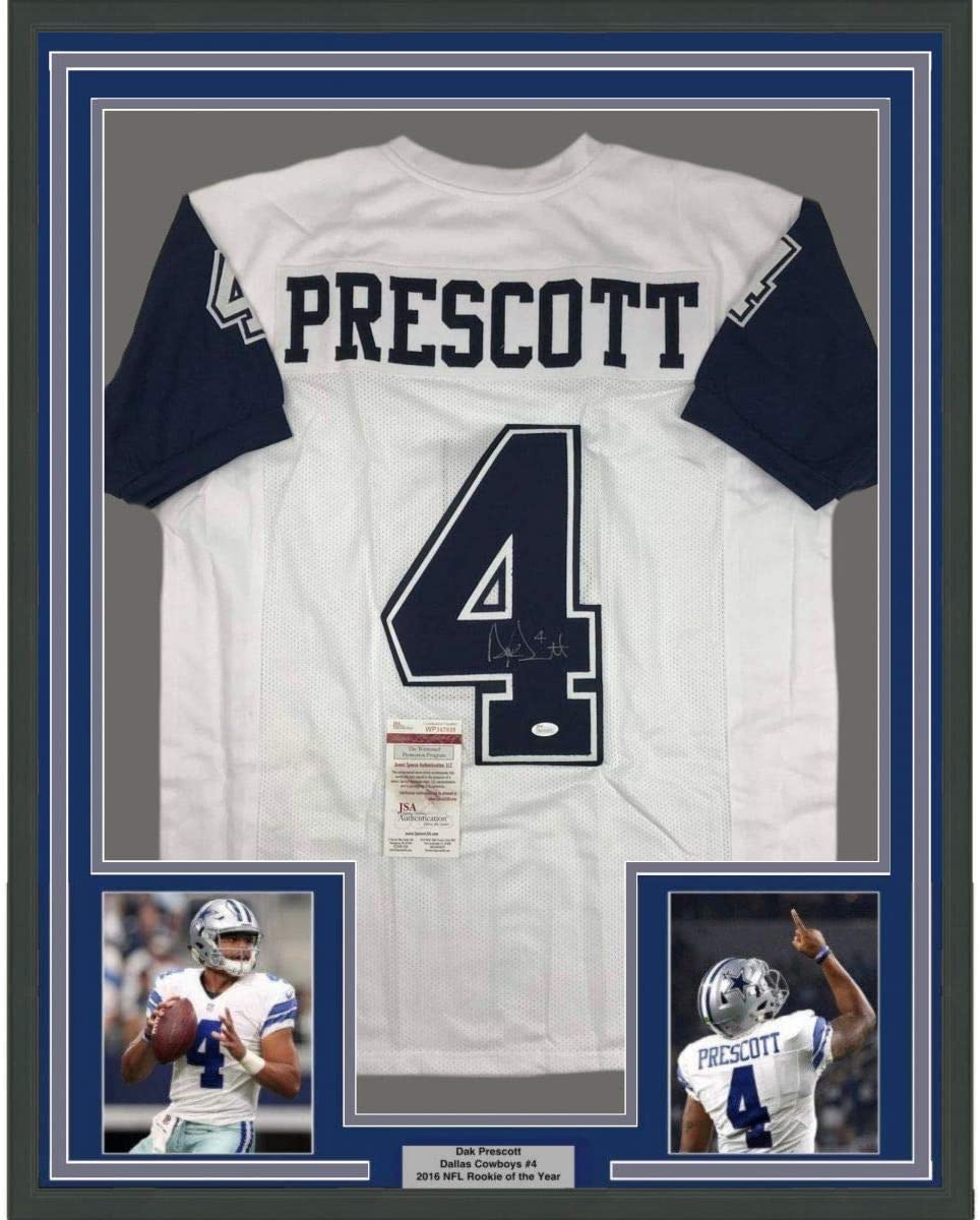 Framed Autographed/Signed Dak Prescott 35x39 Dallas Color Rush Football Jersey JSA COA
