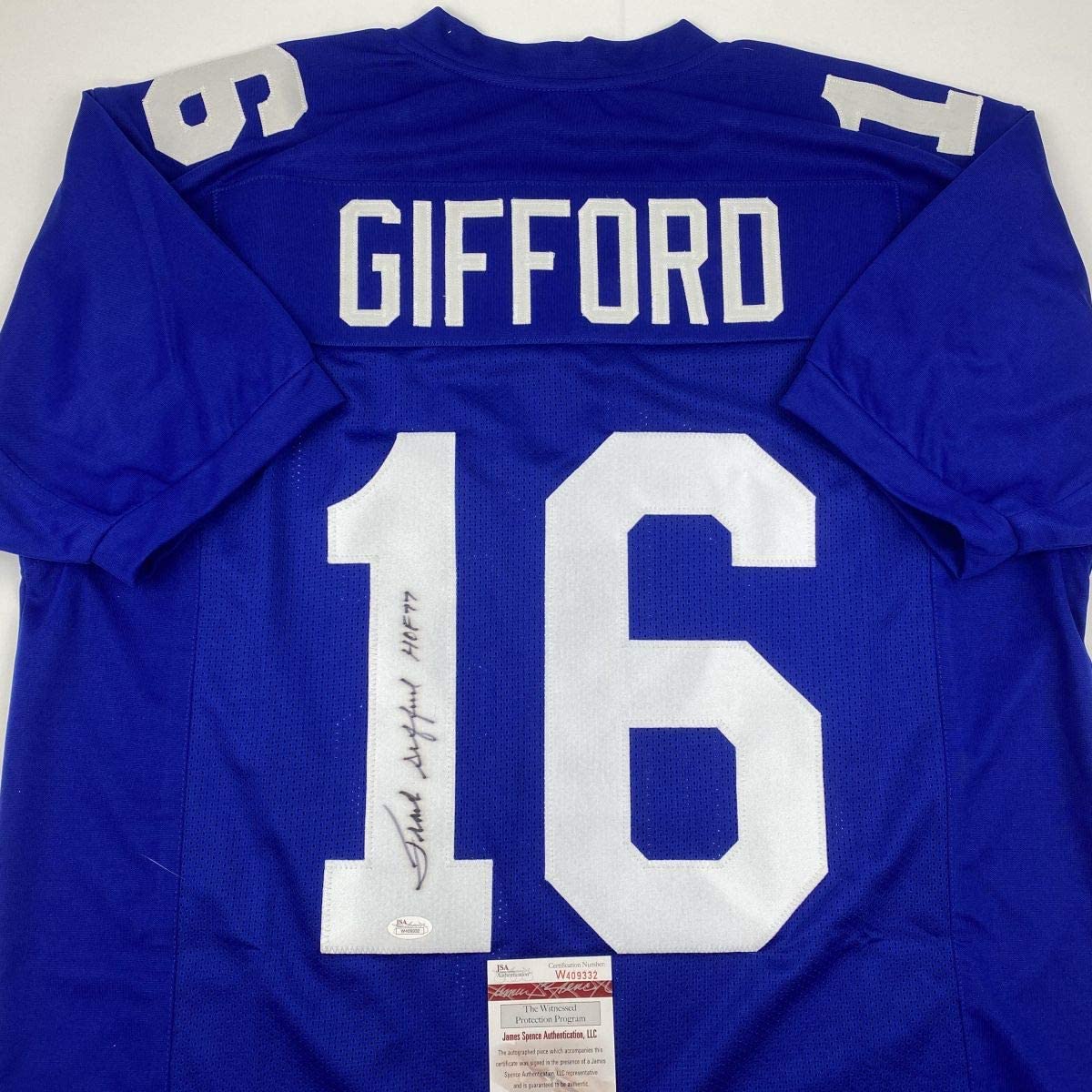 Autographed/Signed Frank Gifford HOF 77 New York Blue Football Jersey JSA COA