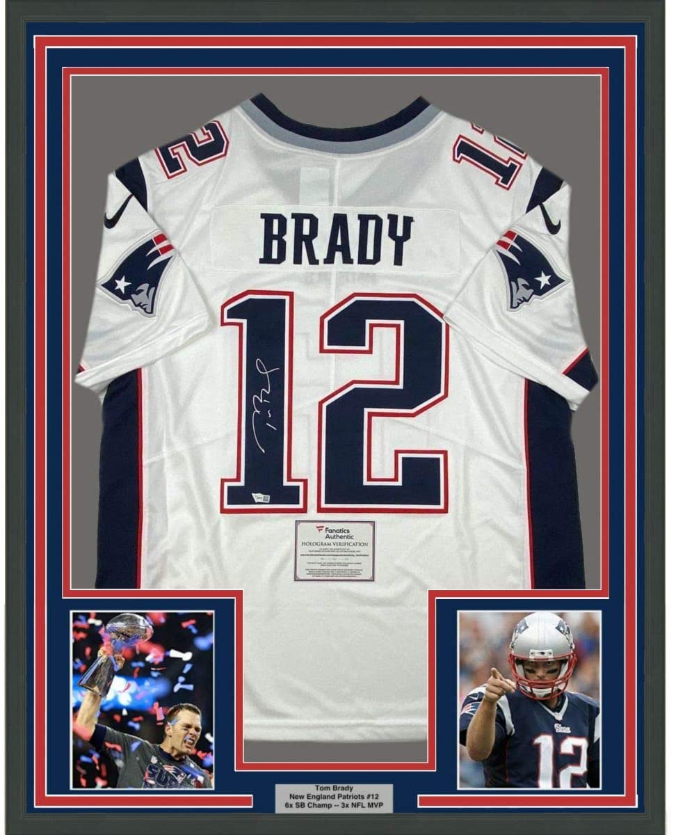 Framed Autographed/Signed Tom Brady 35x39 New England Patriots White Authentic Nike Limited Football Jersey Fanatics COA
