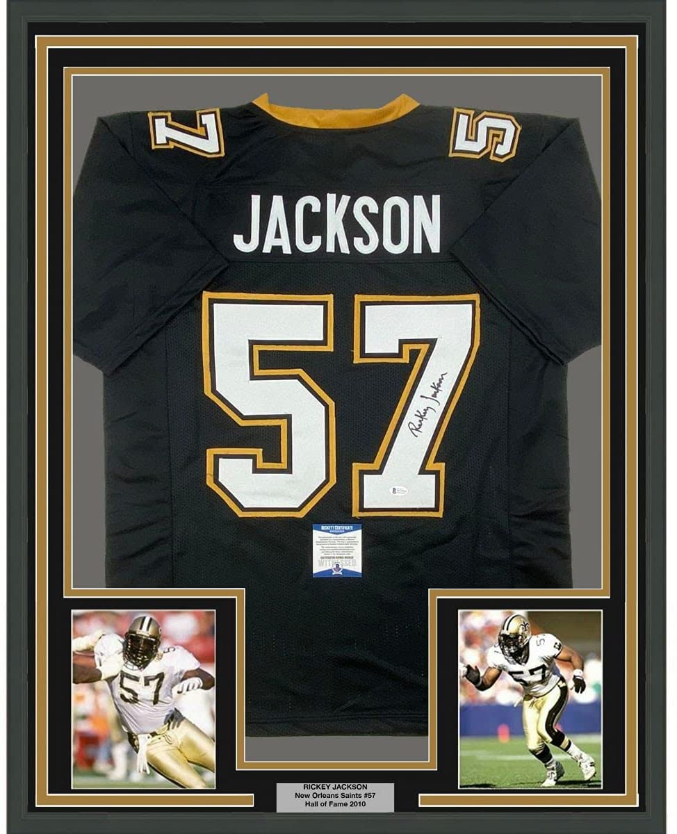 Framed Autographed/Signed Rickey Jackson 35x39 New Orleans Black Football Jersey Beckett BAS COA