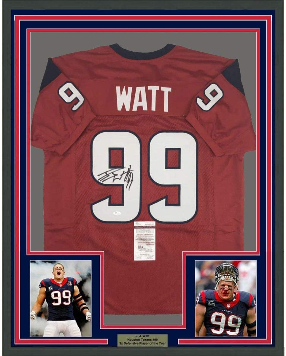 Framed Autographed/Signed J.J. JJ Watt 35x39 Houston Red Football Jersey JSA COA