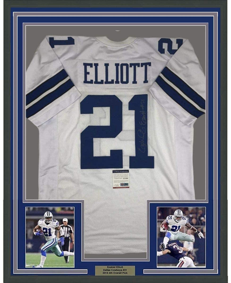 Framed Autographed/Signed Ezekiel Elliott 35x39 Dallas White Football Jersey PSA/DNA COA