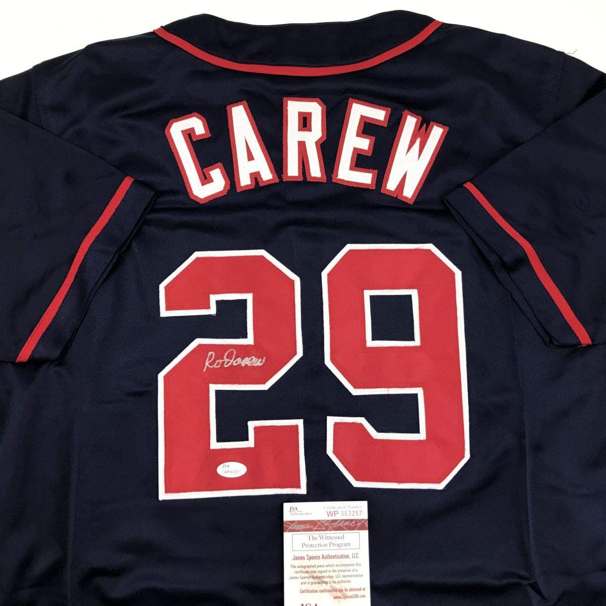 Autographed/Signed Rod Carew Minnesota Dark Blue Baseball Jersey JSA COA