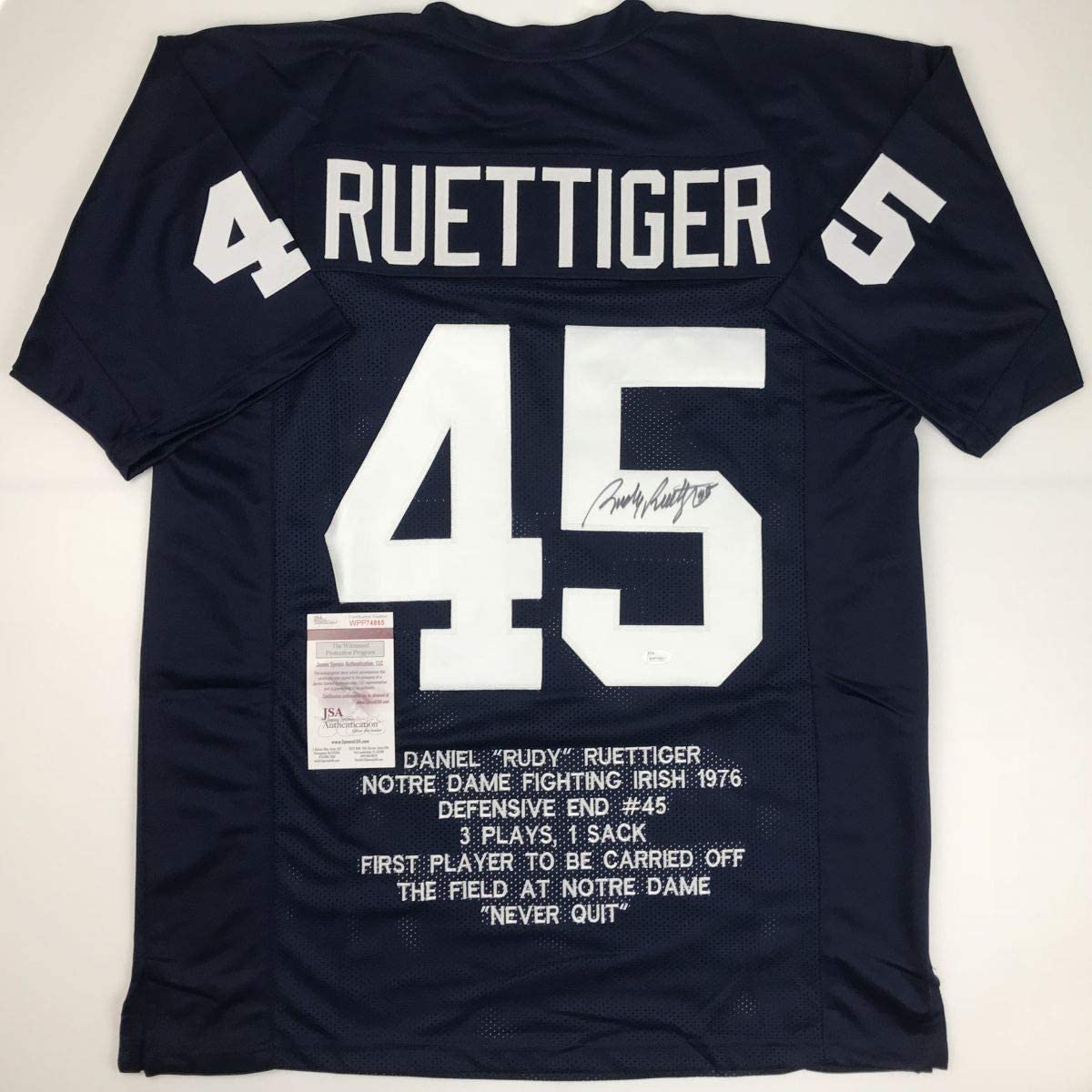 Autographed/Signed Rudy Ruettiger Notre Dame Blue Stat College Football Jersey JSA COA