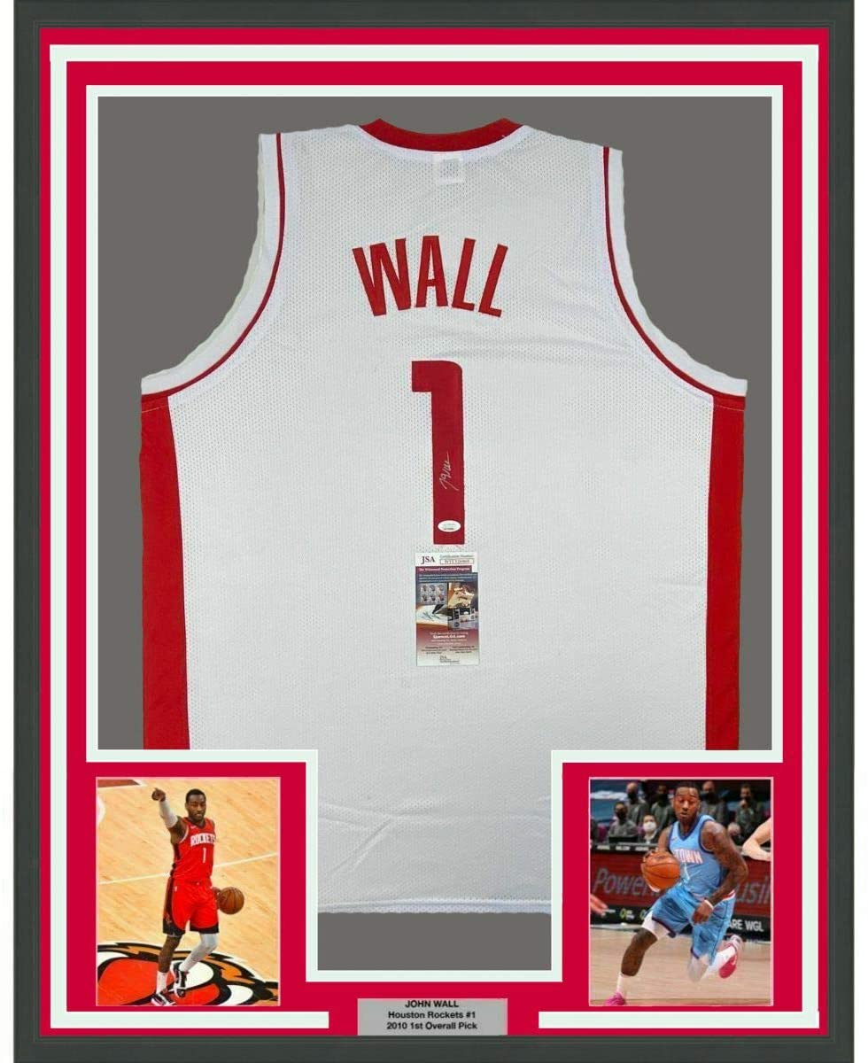 Framed Autographed/Signed John Wall 35x39 Houston White Basketball Jersey JSA COA