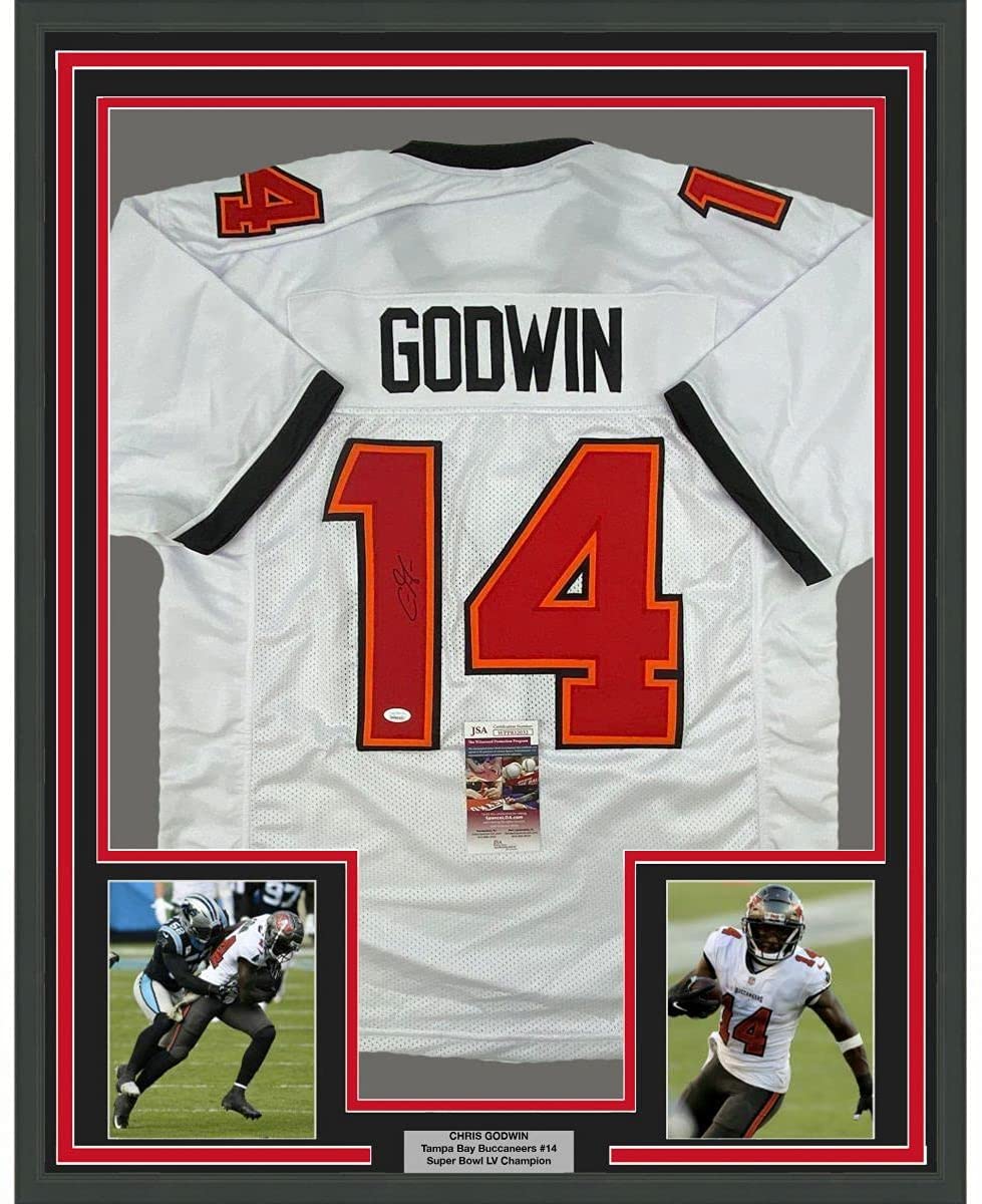 Framed Autographed/Signed Chris Godwin 35x39 Tampa Bay White Football Jersey JSA COA