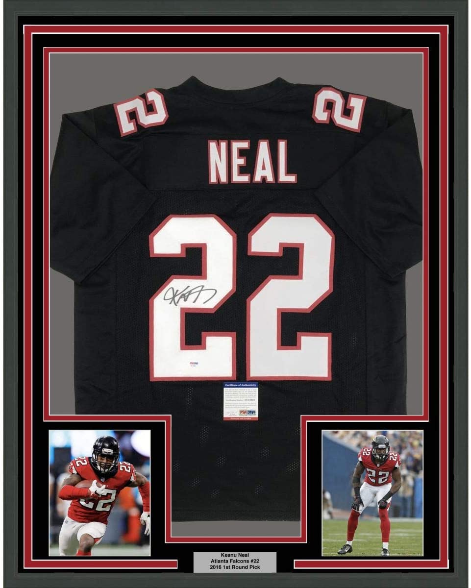 Framed Autographed/Signed Keanu Neal 35x39 Atlanta Retro Black Football Jersey PSA/DNA COA