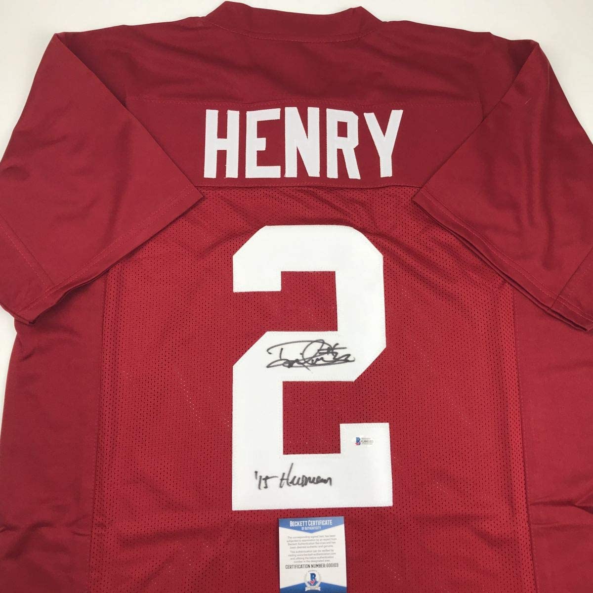 Autographed/Signed Derrick Henry 15 Heisman Alabama Red College Football Jersey Beckett BAS COA
