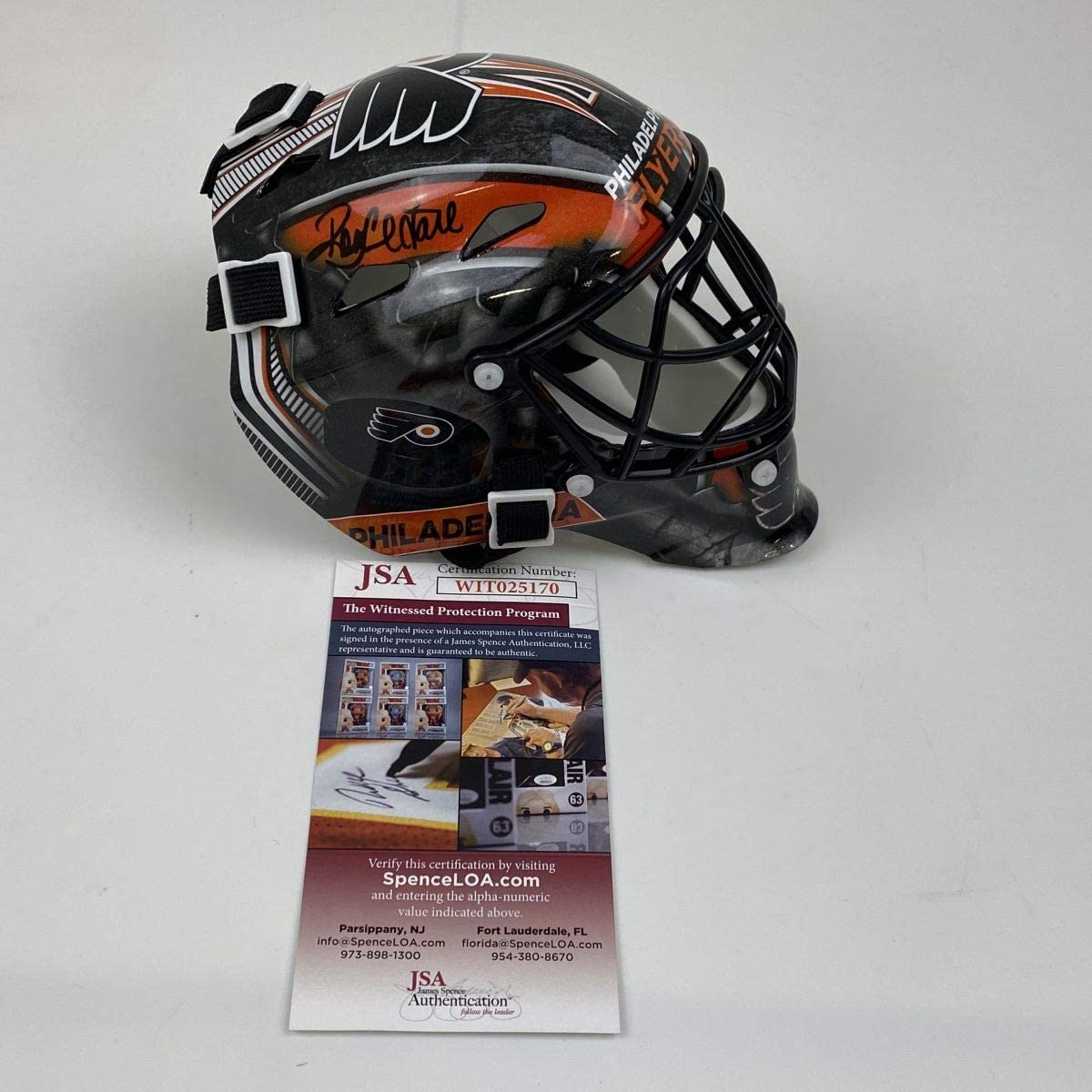 Autographed/Signed Ron Hextall Philadelphia Flyers Hockey Mini Mask Helmet JSA COA
