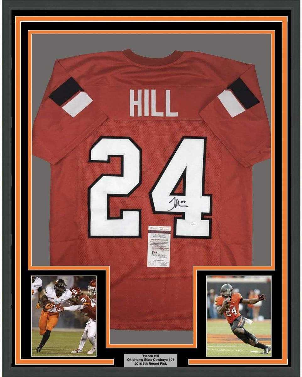 Framed Autographed/Signed Tyreek Hill 35x39 Oklahoma State Orange College Football Jersey JSA COA