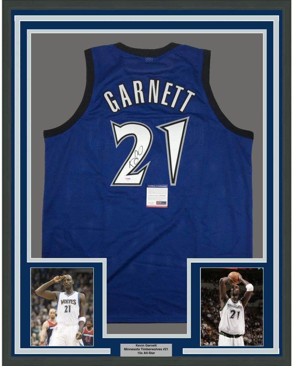 Framed Autographed/Signed Kevin Garnett 35x39 Minnesota Blue Basketball Jersey PSA/DNA COA