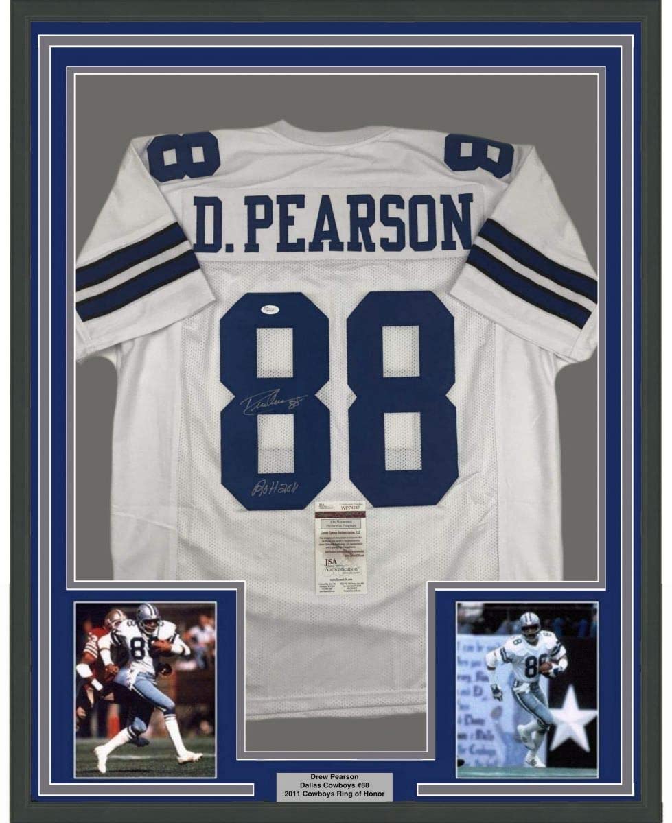 Framed Autographed/Signed Drew Pearson ROH 2011 35x39 Dallas White Football Jersey JSA COA