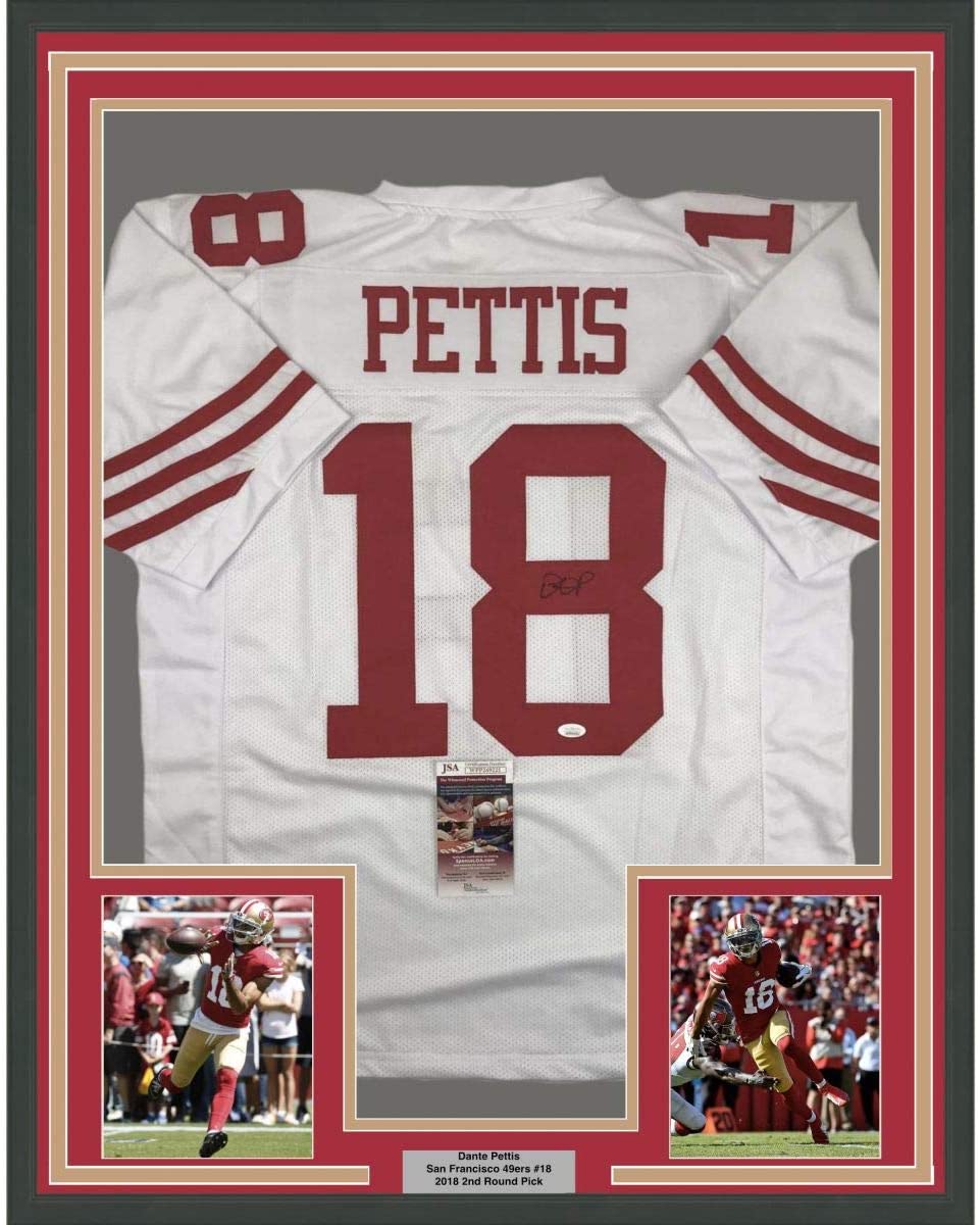 Framed Autographed/Signed Dante Pettis 35x39 San Francisco White Football Jersey JSA COA