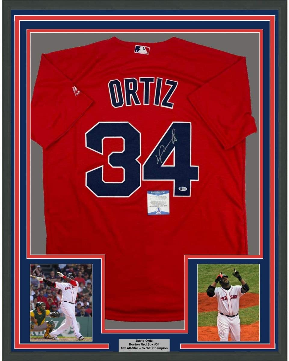 Framed Autographed/Signed David Ortiz 35x39 Boston Red Baseball Jersey JSA COA