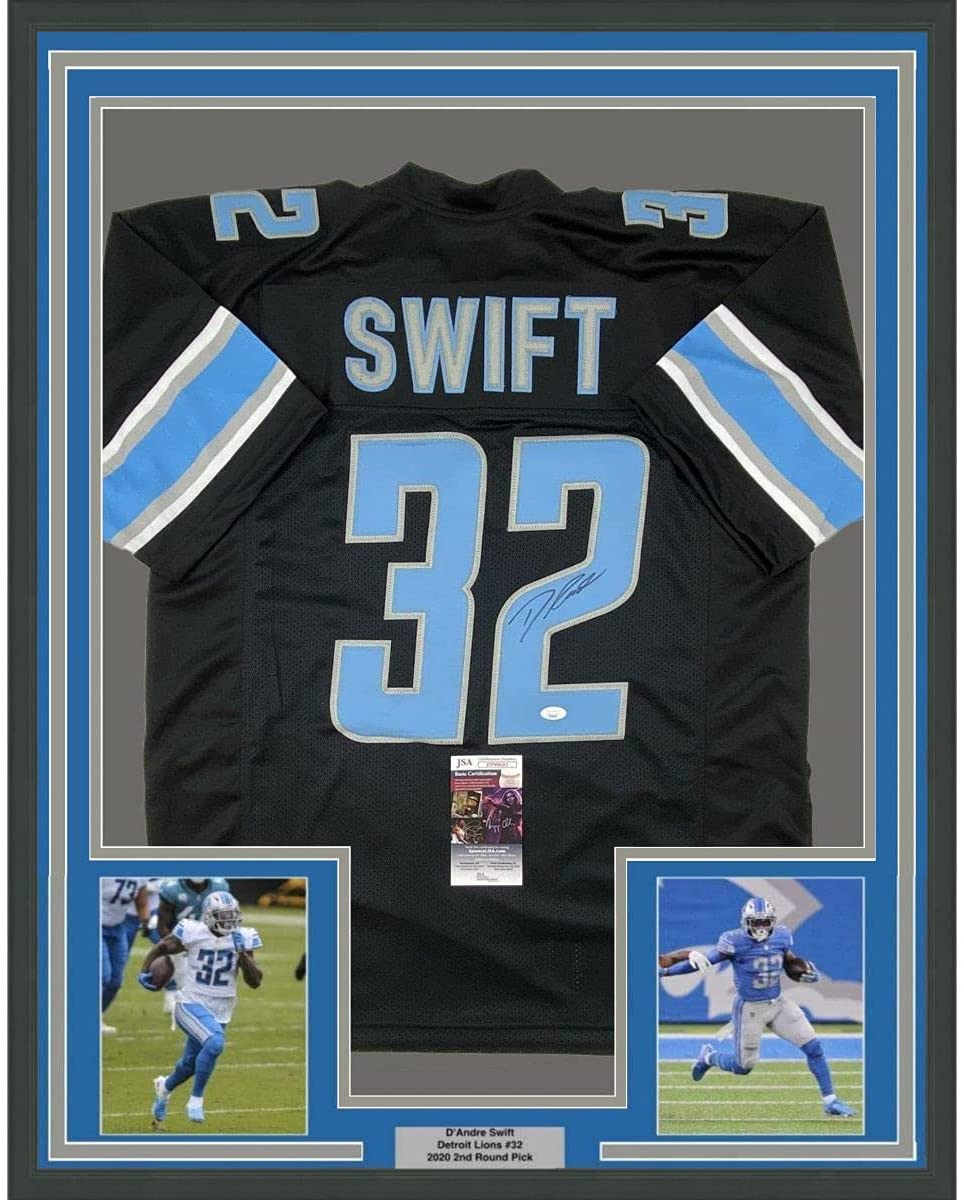 Framed Autographed/Signed D'Andre Swift 35x39 Detroit Black Football Jersey JSA COA