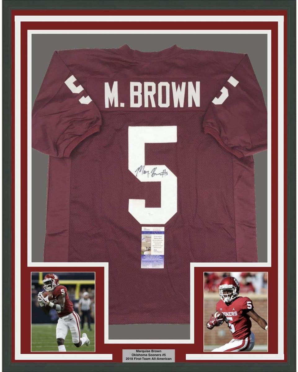 Framed Autographed/Signed Marquise Brown 35x39 Oklahoma Red College Football Jersey JSA COA
